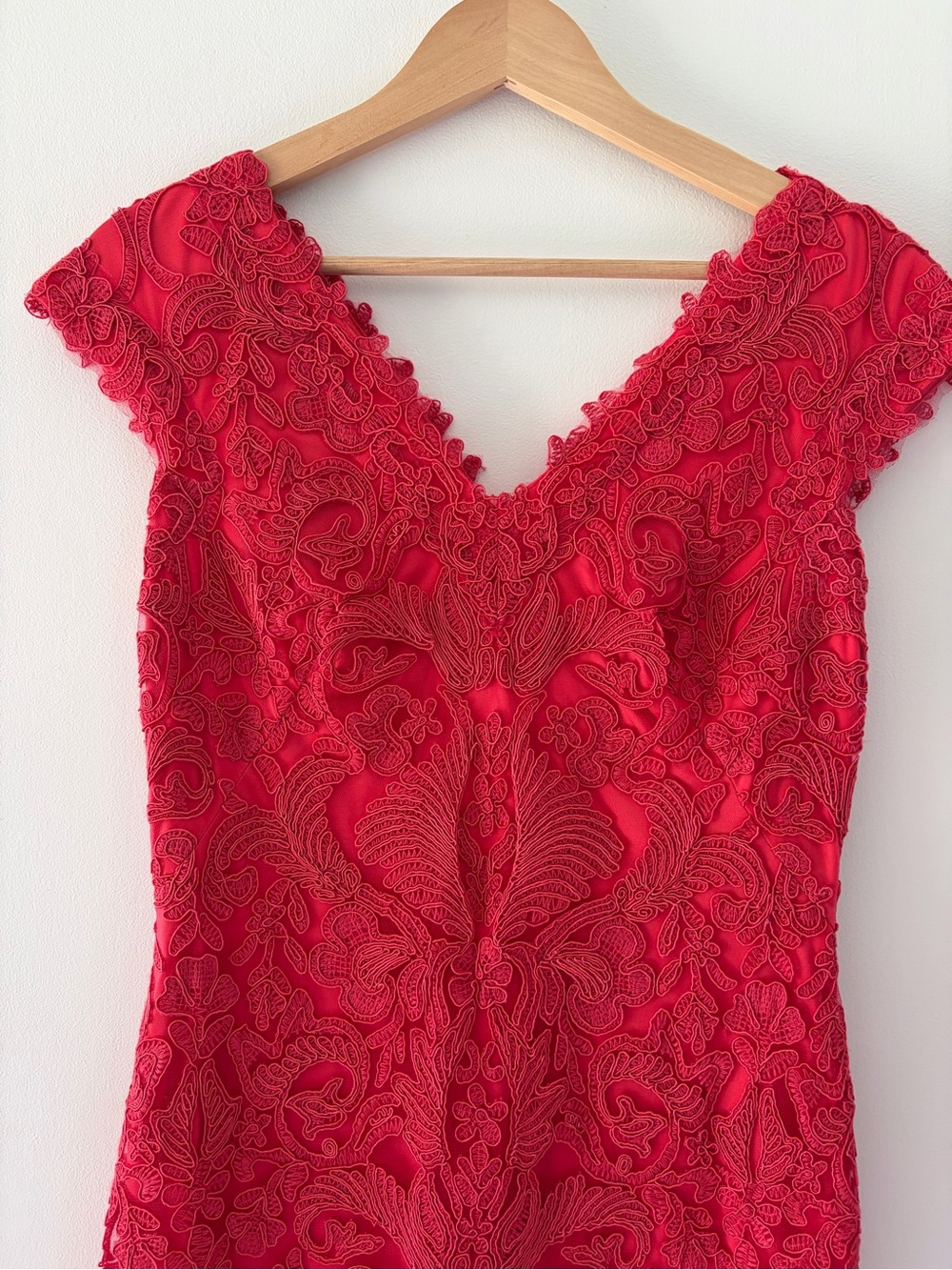 Tadashi Shoji Size 6 Flame Red Corded Lace Tulle Sheath Cocktail Dress - Picture 3 of 13